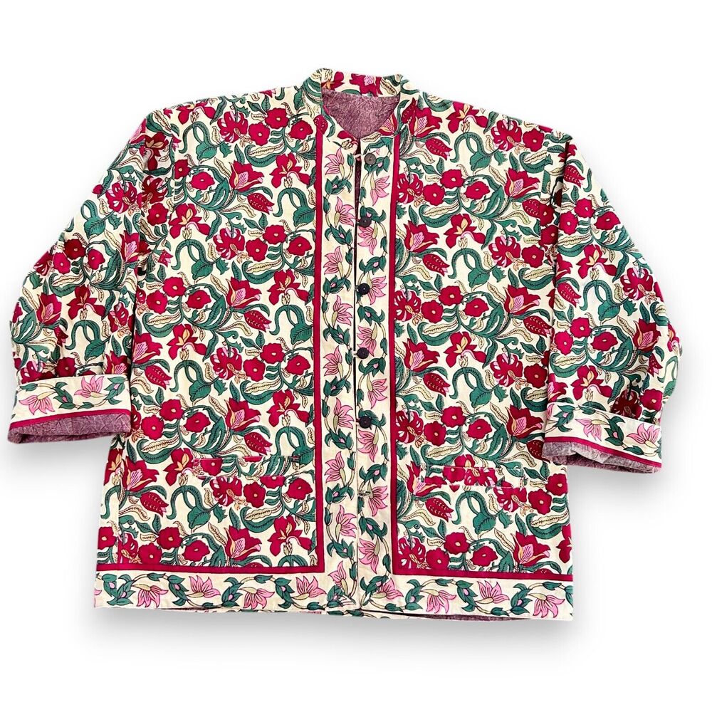 70s Block-Print Floral jacket Women Reversible Cotton One Size Vintage